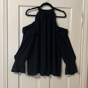 LOFT Navy Blue Cold Shoulder Long Sleeved Top with Ruffle Hem